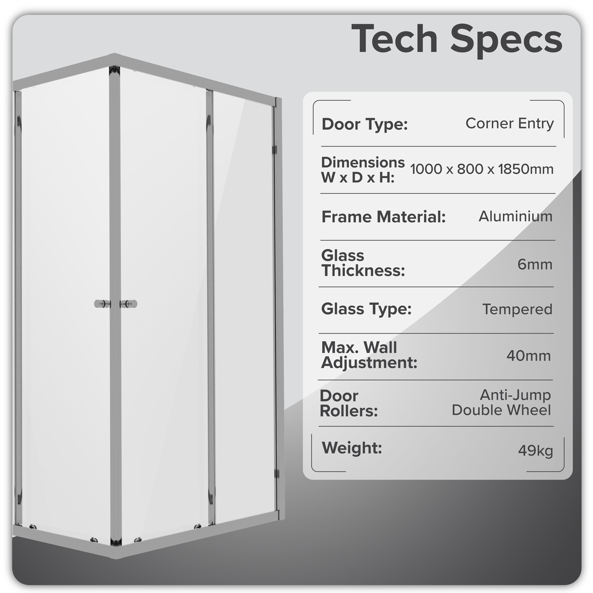 Sealey Corner Shower Entry Enclosure 1000 x 800 x 1850mm with 6mm Tempered Glass - Chrome Model No-DH300