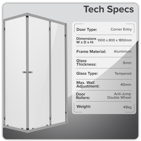 Sealey Corner Shower Entry Enclosure 1000 x 800 x 1850mm with 6mm Tempered Glass - Chrome Model No-DH300