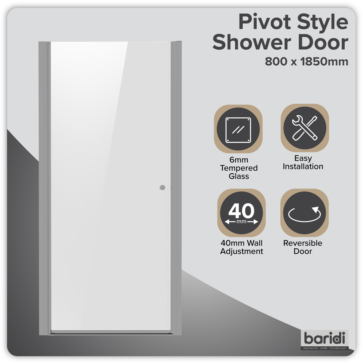 Sealey Pivot Shower Door 800 x 1850mm, 6mm Tempered Glass, Reversible - Chrome Model No-DH303