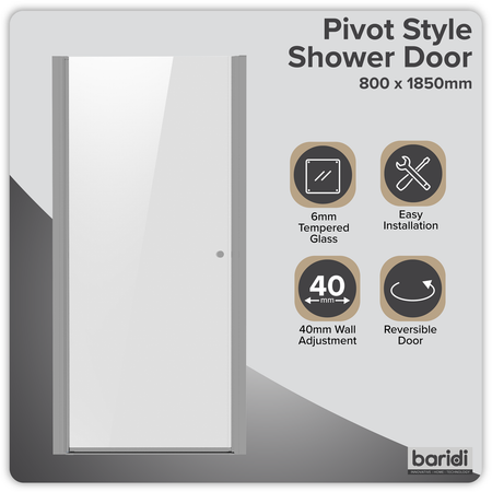 Sealey Pivot Shower Door 800 x 1850mm, 6mm Tempered Glass, Reversible - Chrome Model No-DH303