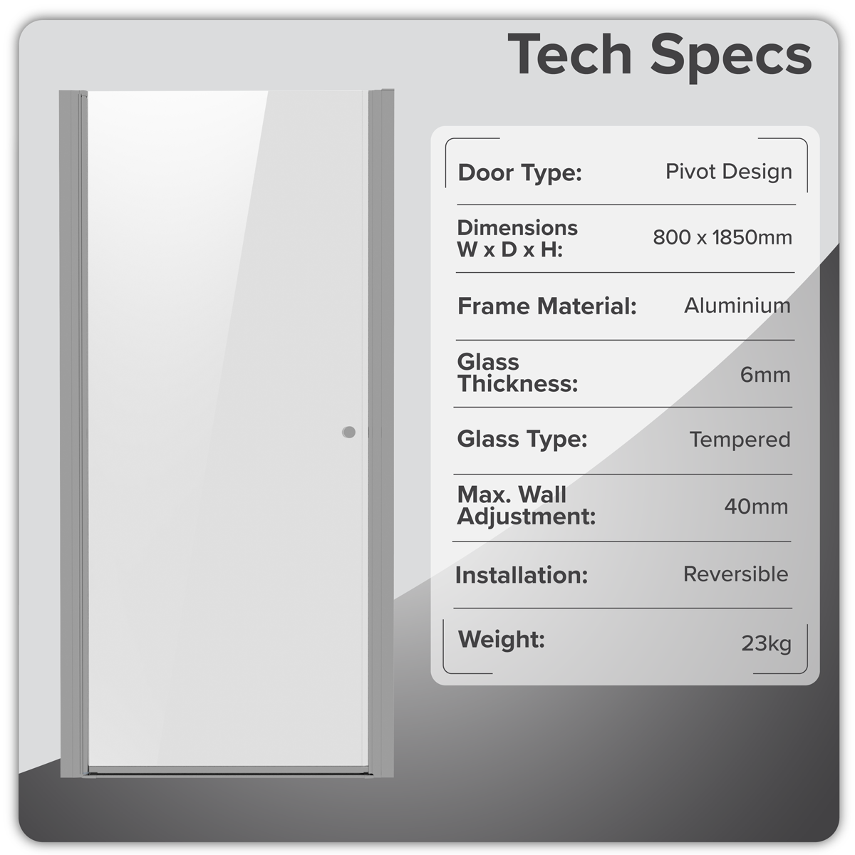 Sealey Pivot Shower Door 800 x 1850mm, 6mm Tempered Glass, Reversible - Chrome Model No-DH303