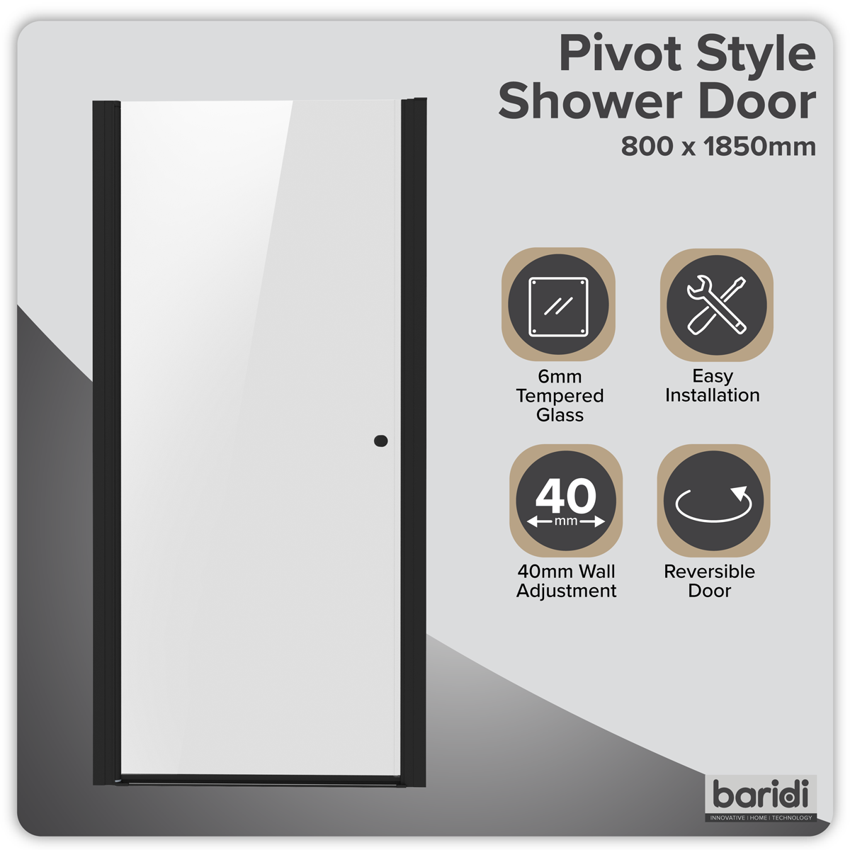 Sealey Pivot Shower Door 800 x 1850mm, 6mm Tempered Glass, Reversible - Black Model No-DH304
