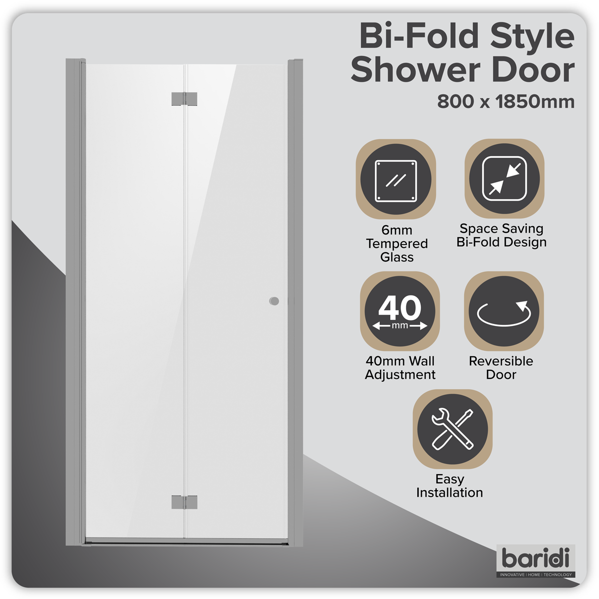 Sealey Bi-Fold Shower Door 800 x 1850mm, 6mm Tempered Glass, Reversible - Chrome Model No-DH305