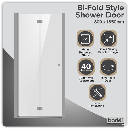 Sealey Bi-Fold Shower Door 800 x 1850mm, 6mm Tempered Glass, Reversible - Chrome Model No-DH305