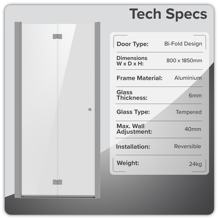 Sealey Bi-Fold Shower Door 800 x 1850mm, 6mm Tempered Glass, Reversible - Chrome Model No-DH305