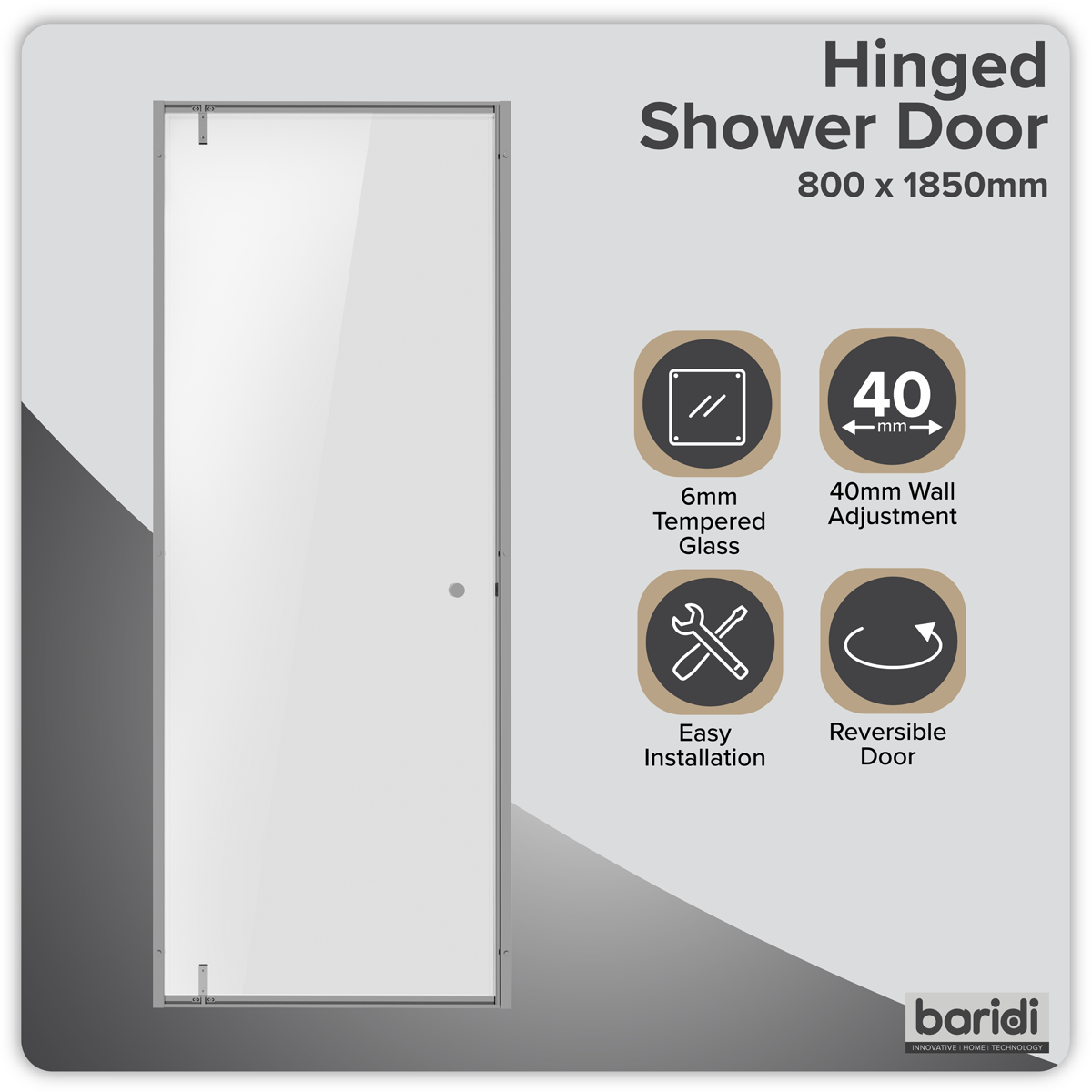 Sealey Hinged Shower Door 800 x 1850mm, 6mm Tempered Glass, Reversible - Chrome Model No-DH306