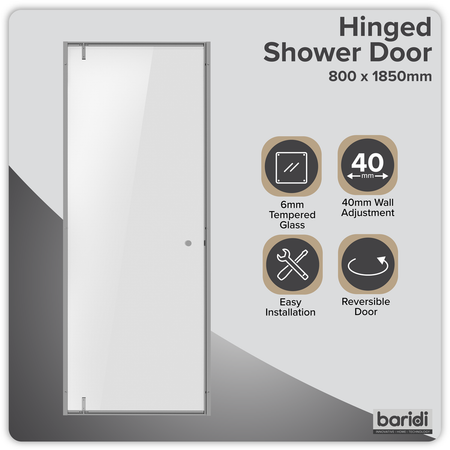 Sealey Hinged Shower Door 800 x 1850mm, 6mm Tempered Glass, Reversible - Chrome Model No-DH306
