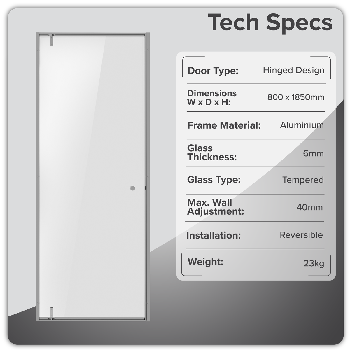 Sealey Hinged Shower Door 800 x 1850mm, 6mm Tempered Glass, Reversible - Chrome Model No-DH306