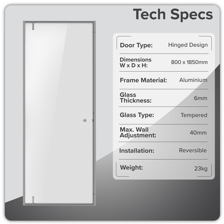 Sealey Hinged Shower Door 800 x 1850mm, 6mm Tempered Glass, Reversible - Chrome Model No-DH306