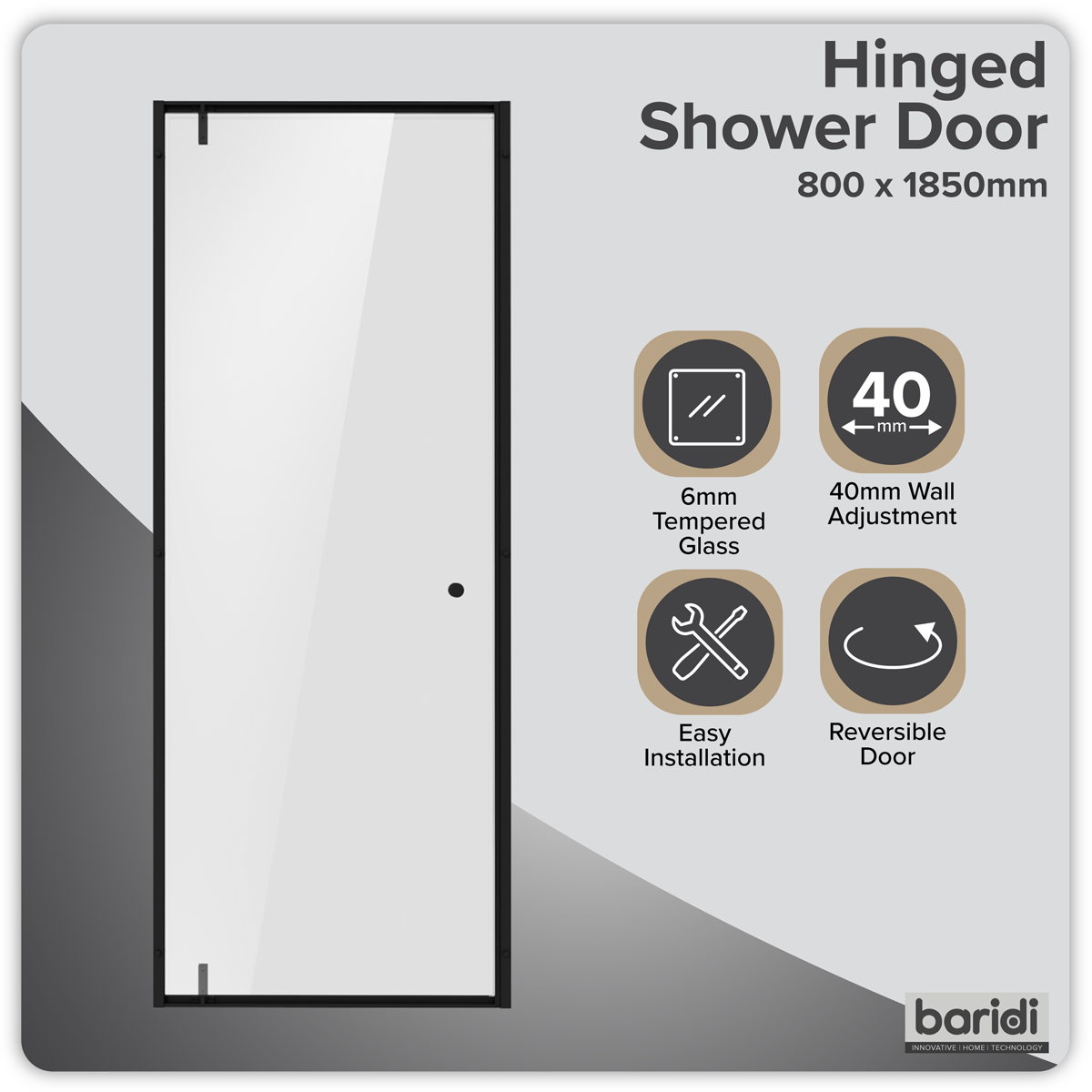 Sealey Hinged Shower Door 800 x 1850mm, 6mm Tempered Glass, Reversible - Black Model No-DH307