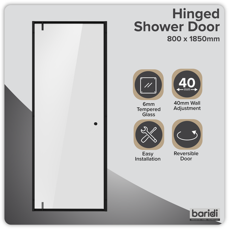 Sealey Hinged Shower Door 800 x 1850mm, 6mm Tempered Glass, Reversible - Black Model No-DH307