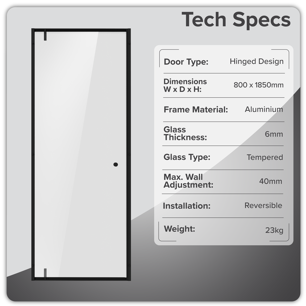 Sealey Hinged Shower Door 800 x 1850mm, 6mm Tempered Glass, Reversible - Black Model No-DH307
