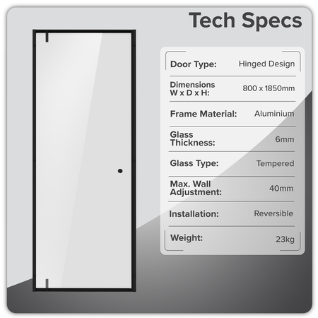 Sealey Hinged Shower Door 800 x 1850mm, 6mm Tempered Glass, Reversible - Black Model No-DH307