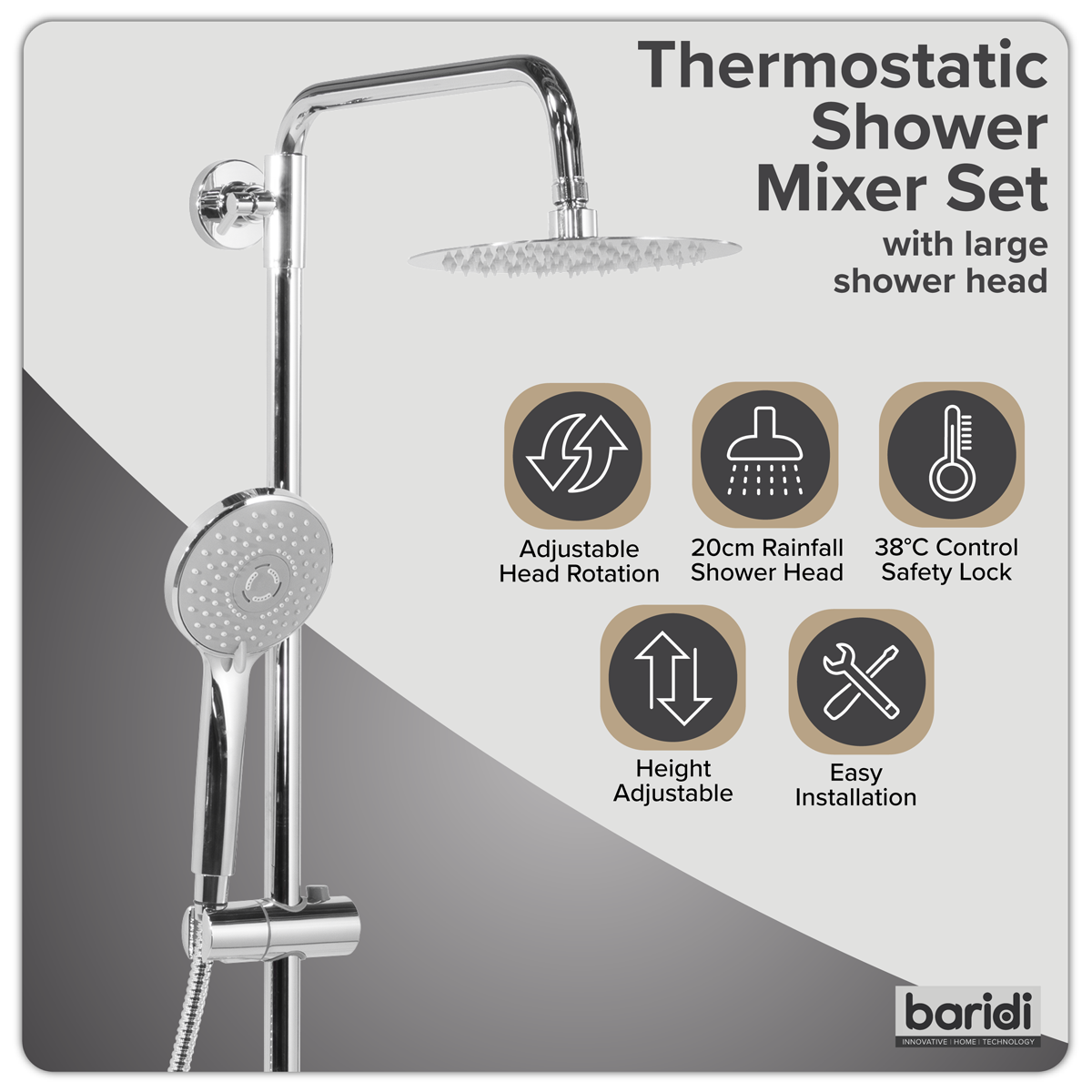 Sealey Thermostatic Shower Mixer Set, 20cm Round Head, Adjustable Rail - Chrome Model No-DH314
