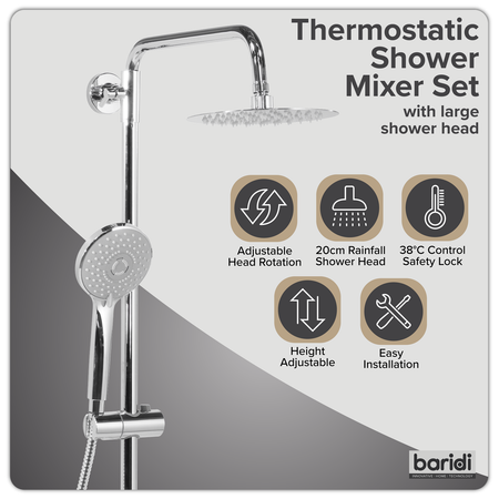 Sealey Thermostatic Shower Mixer Set, 20cm Round Head, Adjustable Rail - Chrome Model No-DH314