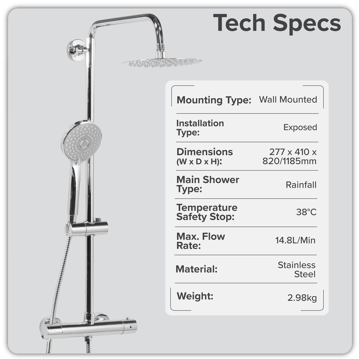 Sealey Thermostatic Shower Mixer Set, 20cm Round Head, Adjustable Rail - Chrome Model No-DH314