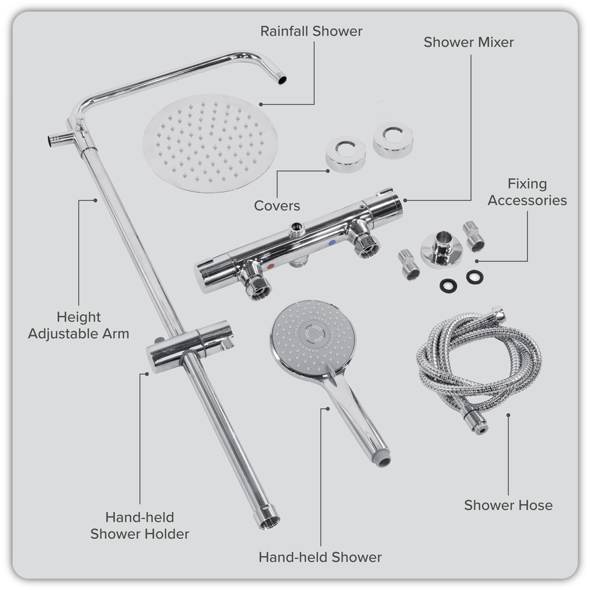 Sealey Thermostatic Shower Mixer Set, 20cm Round Head, Adjustable Rail - Chrome Model No-DH314