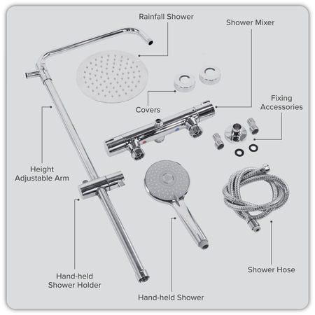 Sealey Thermostatic Shower Mixer Set, 20cm Round Head, Adjustable Rail - Chrome Model No-DH314