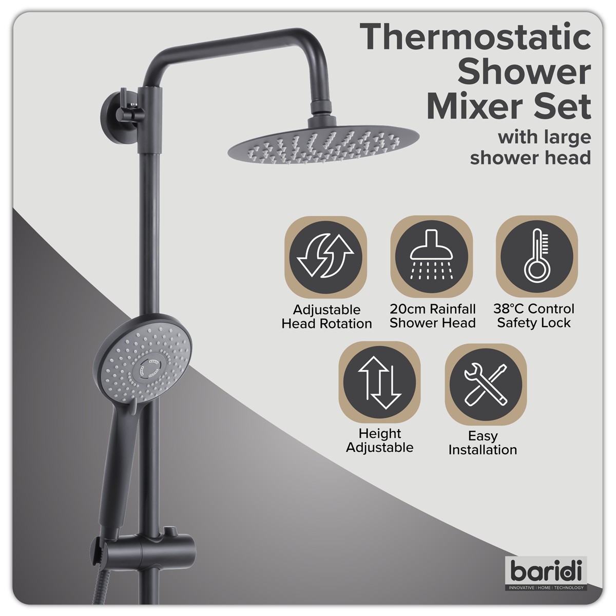 Sealey Thermostatic Shower Mixer Set, 20cm Round Head, Adjustable Rail - Black Model No-DH315
