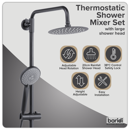 Sealey Thermostatic Shower Mixer Set, 20cm Round Head, Adjustable Rail - Black Model No-DH315