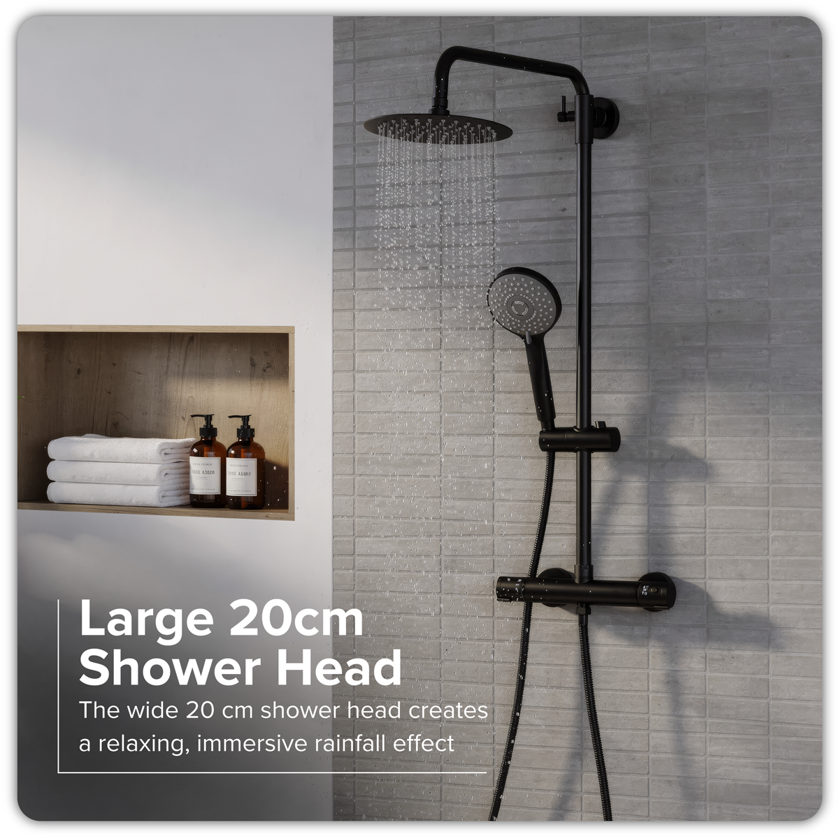 Sealey Thermostatic Shower Mixer Set, 20cm Round Head, Adjustable Rail - Black Model No-DH315