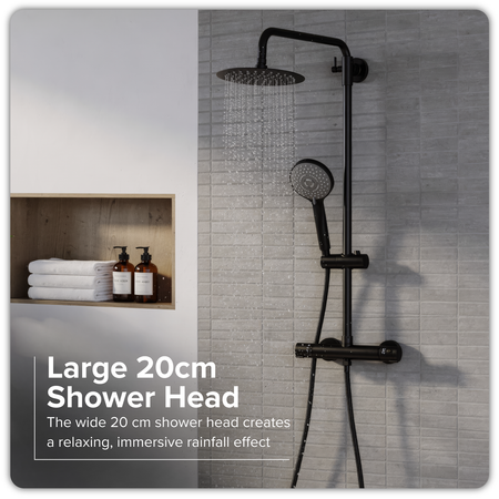 Sealey Thermostatic Shower Mixer Set, 20cm Round Head, Adjustable Rail - Black Model No-DH315