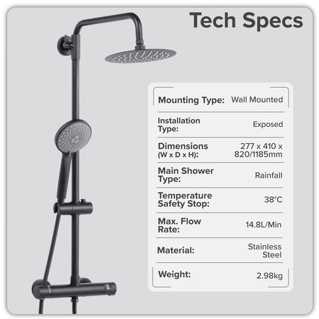 Sealey Thermostatic Shower Mixer Set, 20cm Round Head, Adjustable Rail - Black Model No-DH315