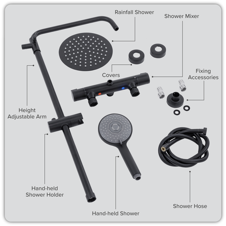 Sealey Thermostatic Shower Mixer Set, 20cm Round Head, Adjustable Rail - Black Model No-DH315
