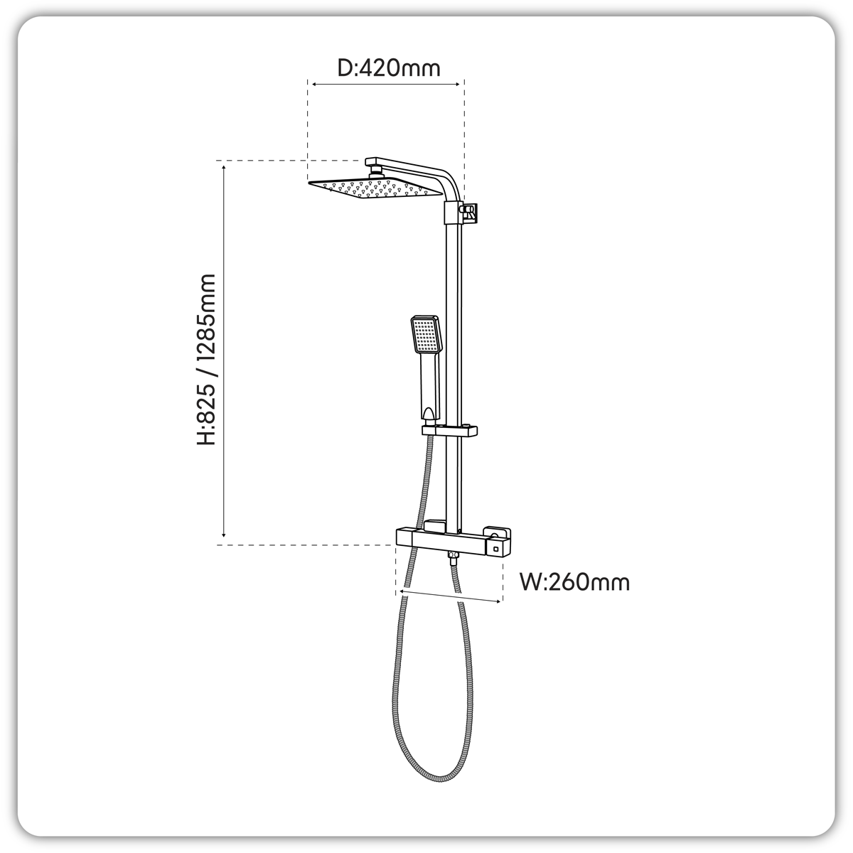 Sealey Thermostatic Shower Mixer Set, 20x20cm Square Head, Adjustable Rail - Black Model No-DH317