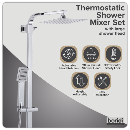 Sealey Thermostatic Shower Mixer Set, 20x20cm Square Head, Adjustable Rail - Black Model No-DH317