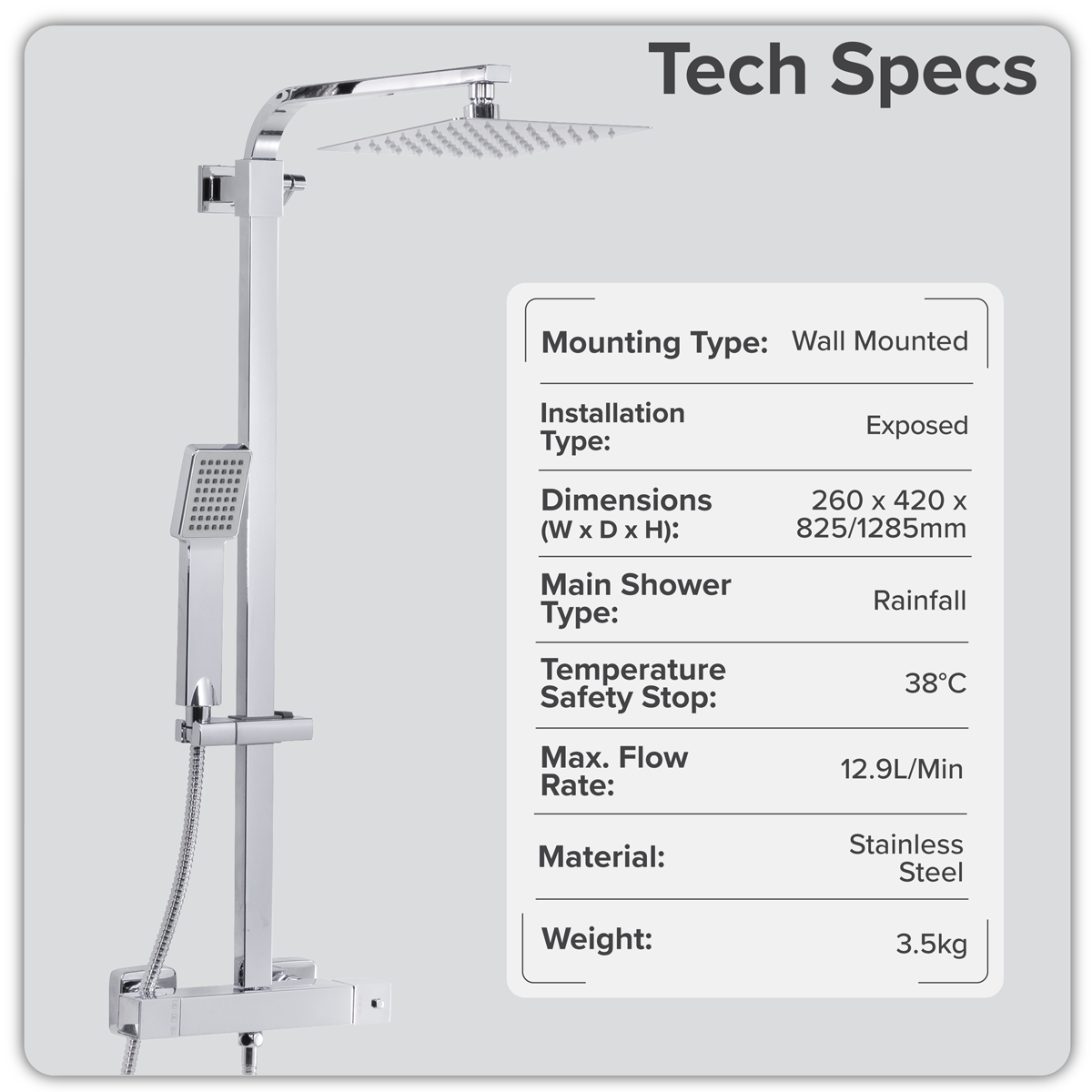 Sealey Thermostatic Shower Mixer Set, 20x20cm Square Head, Adjustable Rail - Black Model No-DH317