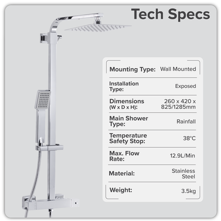 Sealey Thermostatic Shower Mixer Set, 20x20cm Square Head, Adjustable Rail - Black Model No-DH317