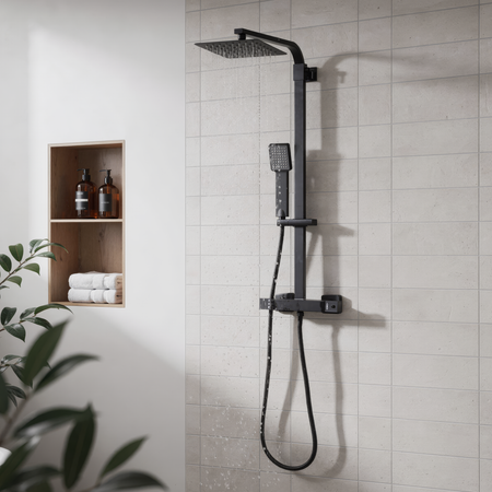 Sealey Thermostatic Shower Mixer Set, 20x20cm Square Head, Adjustable Rail - Black Model No-DH317
