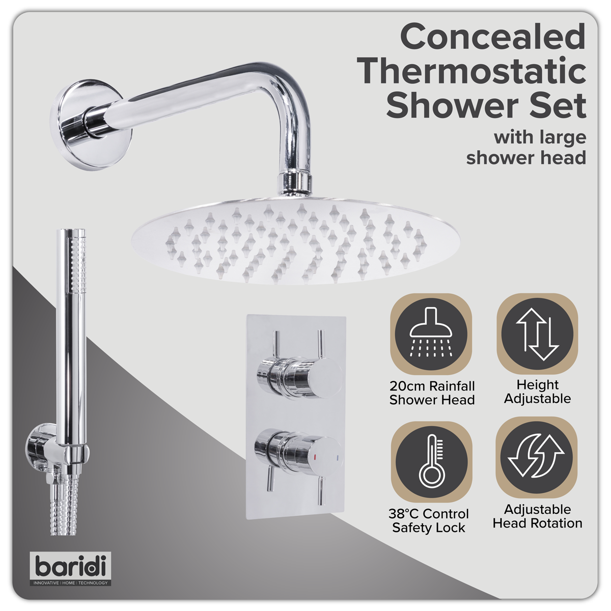 Sealey Concealed Thermostatic Shower Set 20cm Round Head & Hand Shower - Chrome Model No-DH318