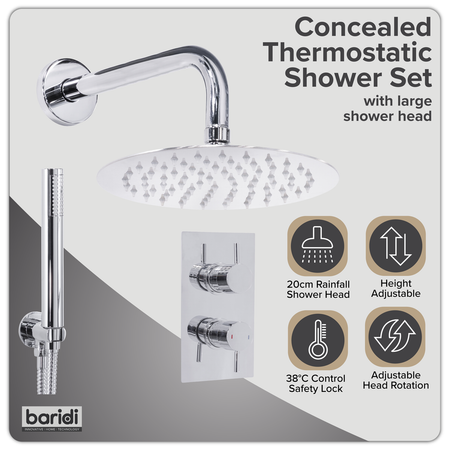 Sealey Concealed Thermostatic Shower Set 20cm Round Head & Hand Shower - Chrome Model No-DH318