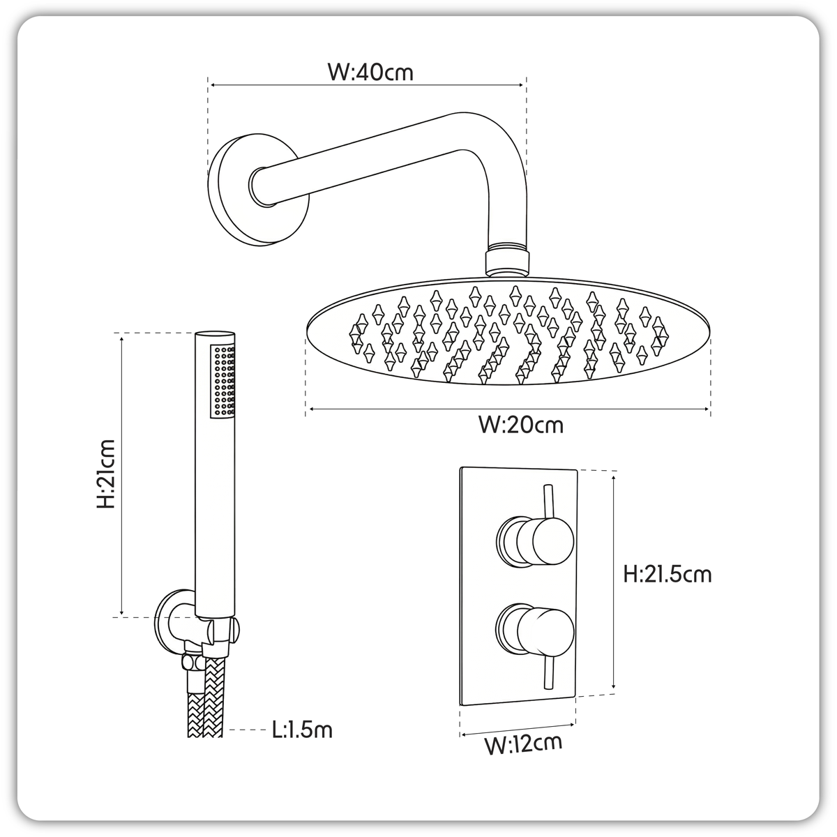 Sealey Concealed Thermostatic Shower Set, 20cm Round Head & Hand Shower - Black Model No-DH319
