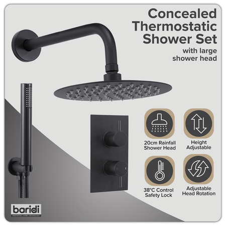 Sealey Concealed Thermostatic Shower Set, 20cm Round Head & Hand Shower - Black Model No-DH319