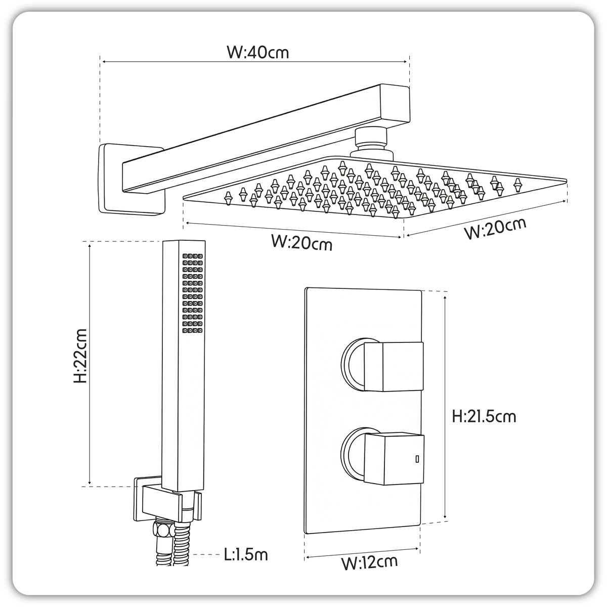 Sealey Concealed Thermostatic Shower Set 20 x 20cm Square Head & Hand Shower - Chrome Model No-DH320