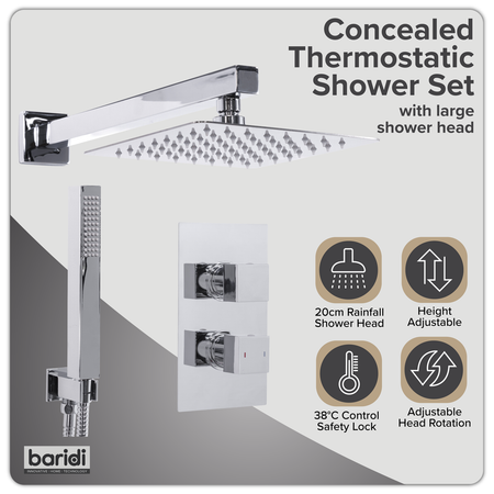 Sealey Concealed Thermostatic Shower Set 20 x 20cm Square Head & Hand Shower - Chrome Model No-DH320