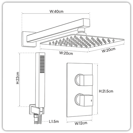 Sealey Concealed Thermostatic Shower Set 20 x 20cm Square Head & Hand Shower - Black Model No-DH321