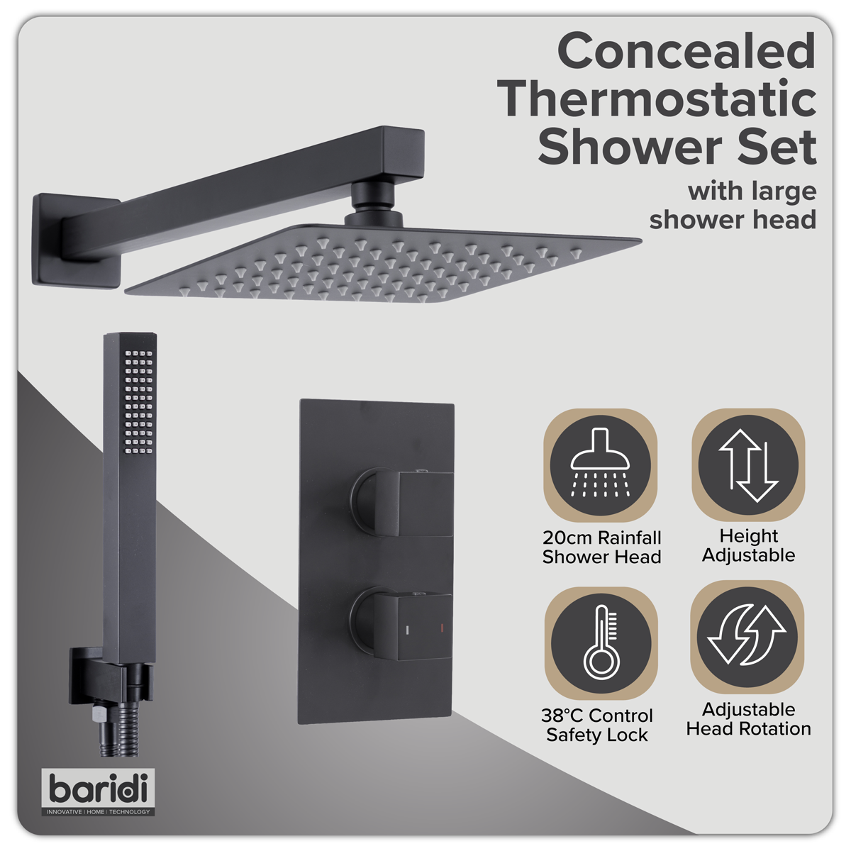 Sealey Concealed Thermostatic Shower Set 20 x 20cm Square Head & Hand Shower - Black Model No-DH321