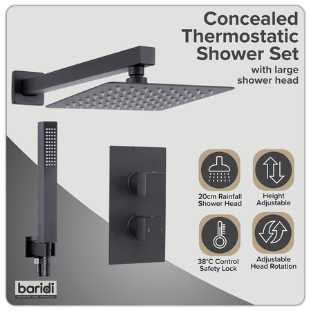 Sealey Concealed Thermostatic Shower Set 20 x 20cm Square Head & Hand Shower - Black Model No-DH321