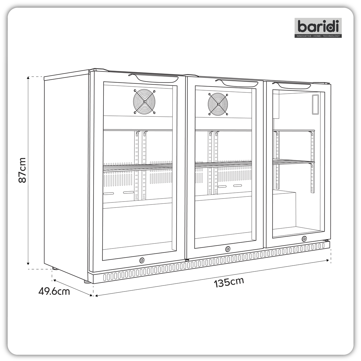 Sealey Baridi Back Bar Drinks Fridge/Cooler with Triple Hinged Door & Security Lock 307L - Black Model No-DH336