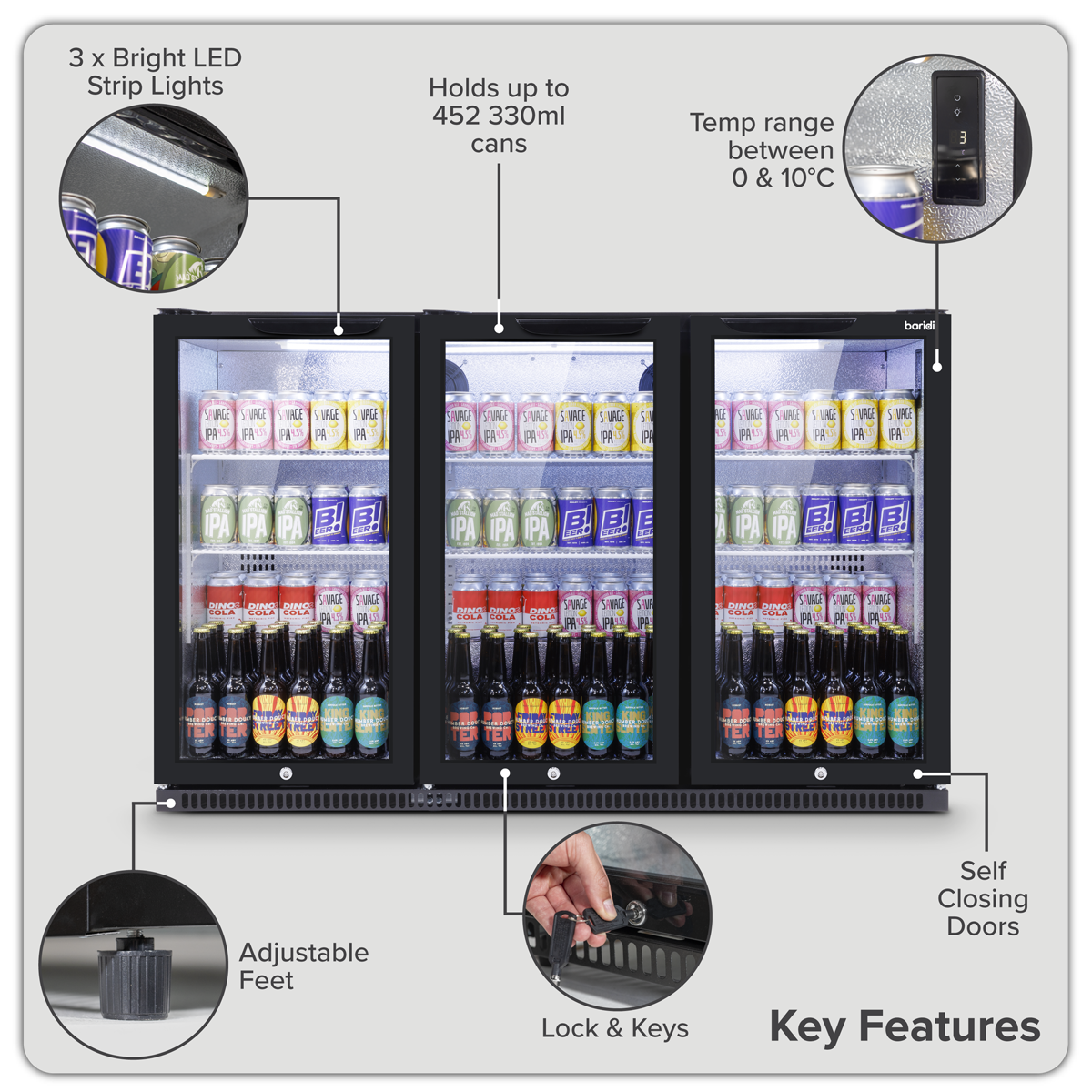 Sealey Baridi Back Bar Drinks Fridge/Cooler with Triple Hinged Door & Security Lock 307L - Black Model No-DH336