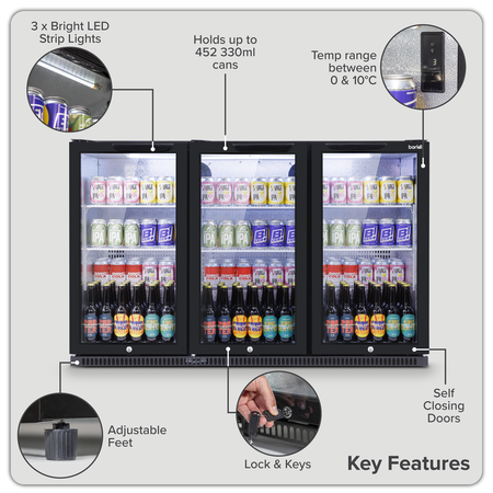 Sealey Baridi Back Bar Drinks Fridge/Cooler with Triple Hinged Door & Security Lock 307L - Black Model No-DH336