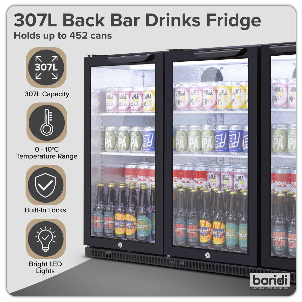 Sealey Baridi Back Bar Drinks Fridge/Cooler with Triple Hinged Door & Security Lock 307L - Black Model No-DH336