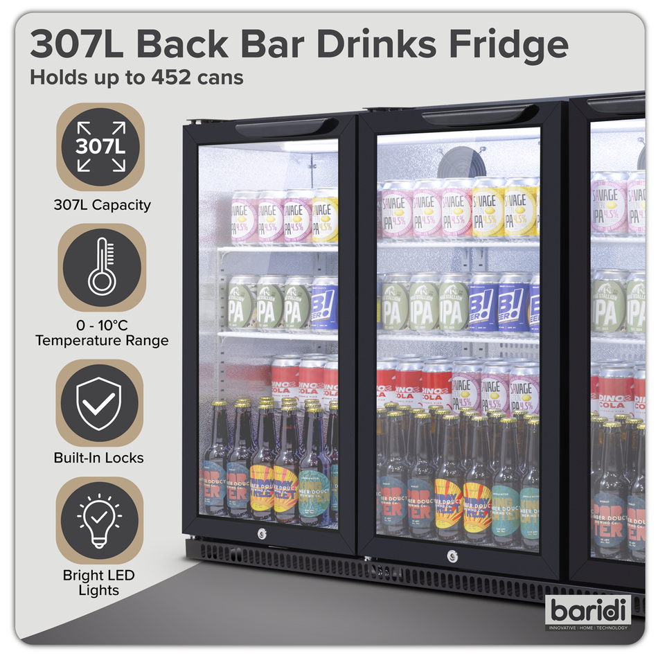 Sealey Baridi Back Bar Drinks Fridge/Cooler with Triple Hinged Door & Security Lock 307L - Black Model No-DH336