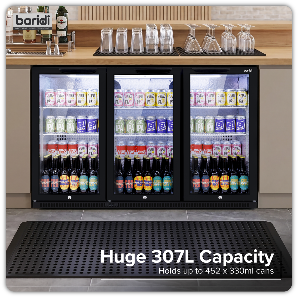 Sealey Baridi Back Bar Drinks Fridge/Cooler with Triple Hinged Door & Security Lock 307L - Black Model No-DH336