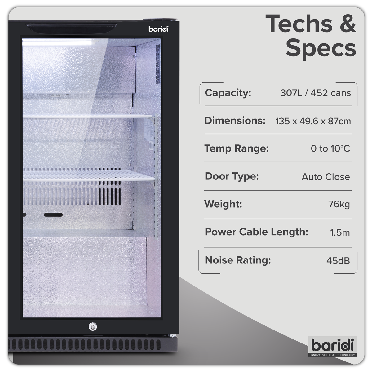 Sealey Baridi Back Bar Drinks Fridge/Cooler with Triple Hinged Door & Security Lock 307L - Black Model No-DH336
