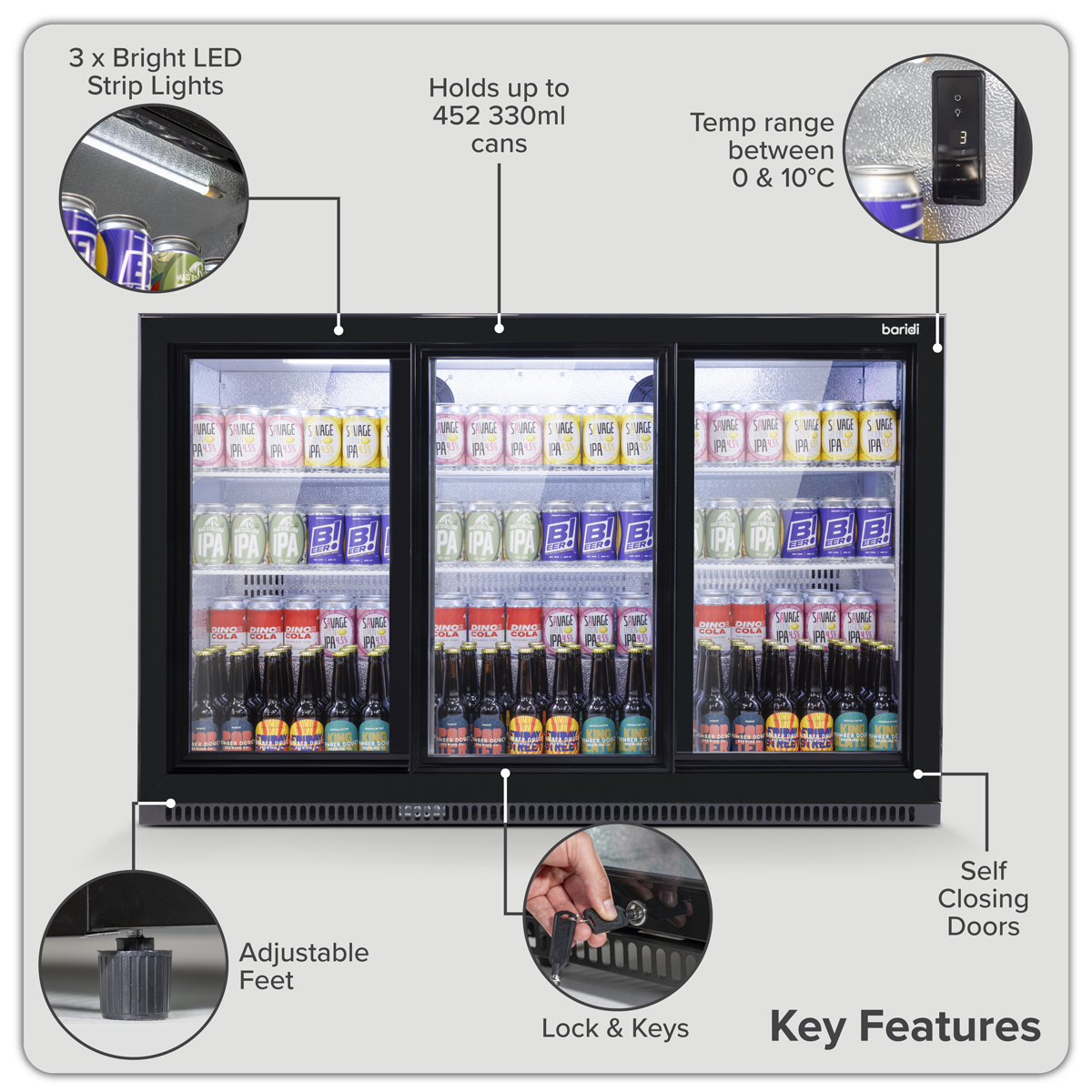 Sealey Baridi Back Bar Drinks Fridge/Cooler with Triple Sliding Door & Security Lock 307L - Black Model No-DH337